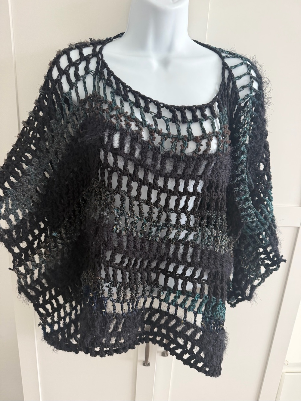 Crochet Open-Knit Black Women's Sweater Poncho